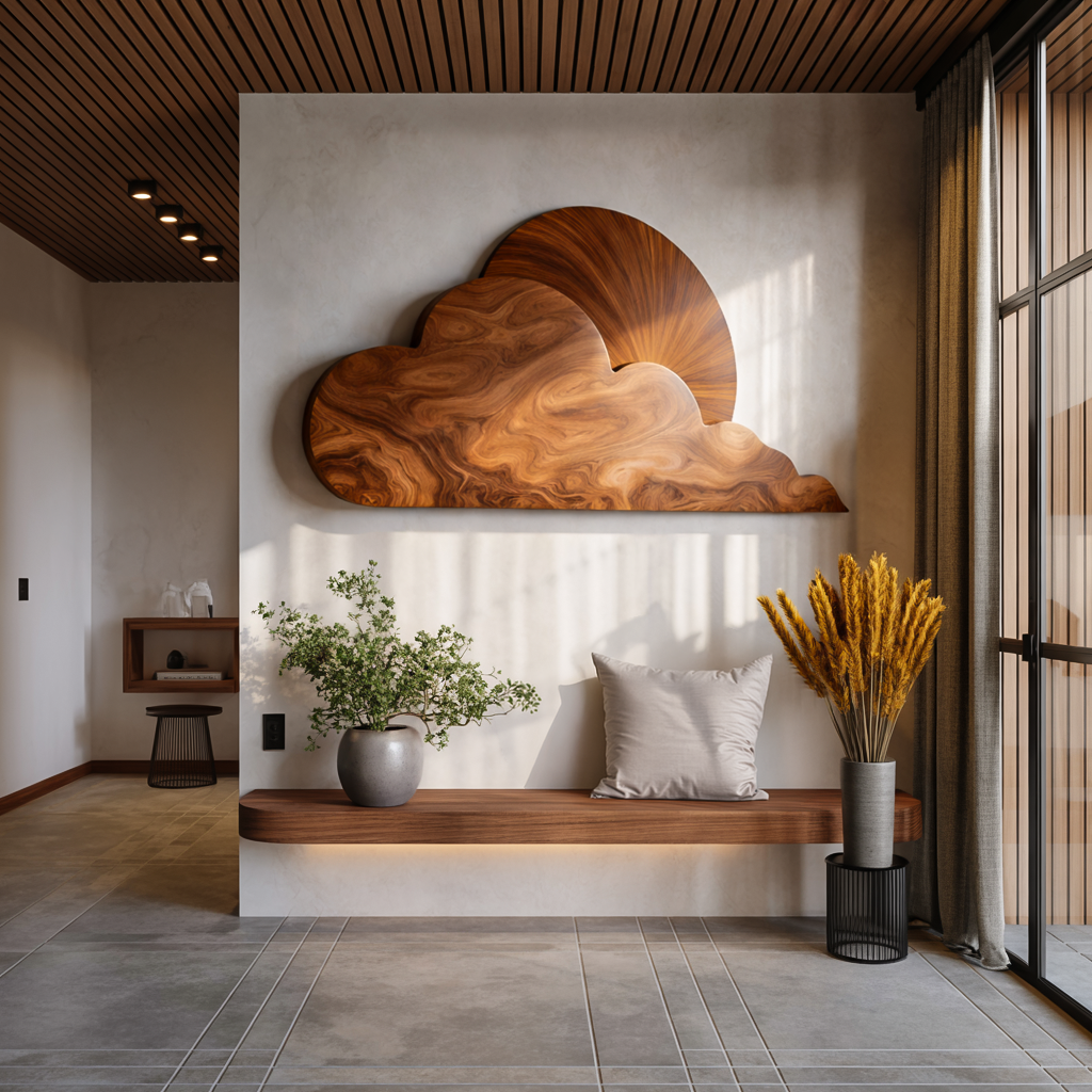 Minimalist Wooden Cloud And Sun Wall Art For Elegant Interior