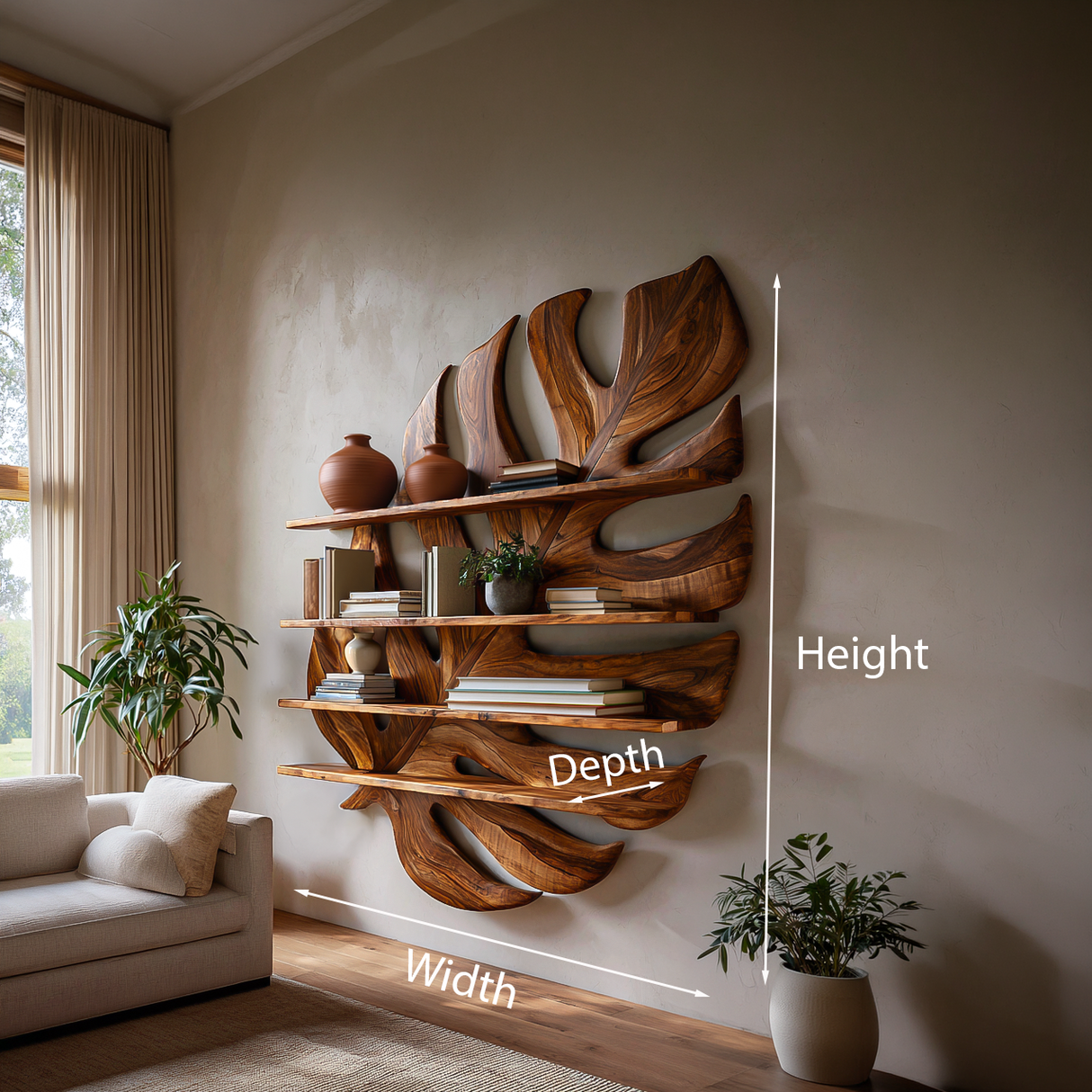 Large Wooden Tropical Leaf Bookshelf For Living Room