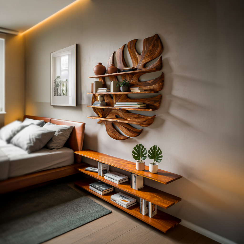 Large Wooden Tropical Leaf Bookshelf For Living Room