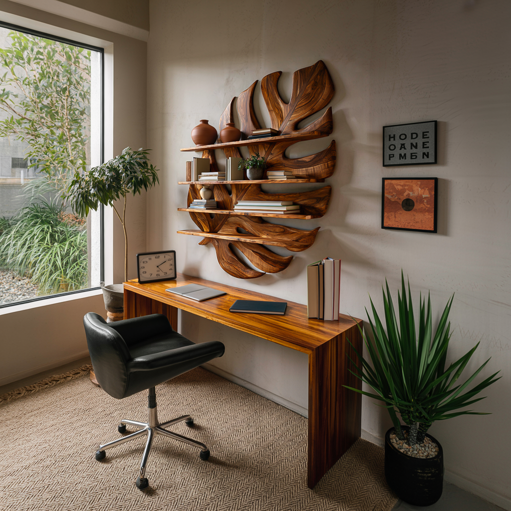 Large Wooden Tropical Leaf Bookshelf For Living Room