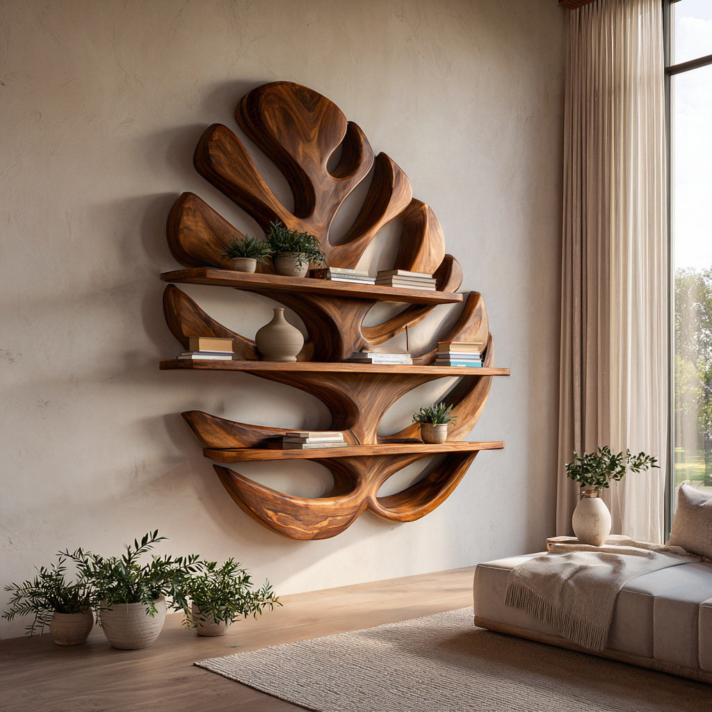 Wood Monstera Leaf Bookshelf For Modern Minimalist Home