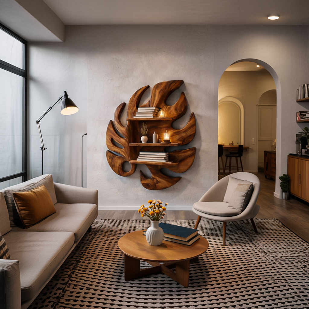 Wooden Leaf Inspired Wall Mounted Bookshelf For Living Decor