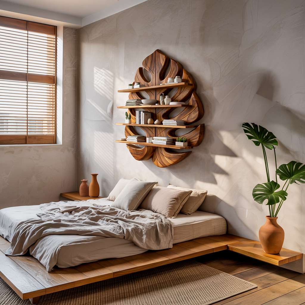 Wooden Leaf Bookshelf For Living Room Plant And Book Display