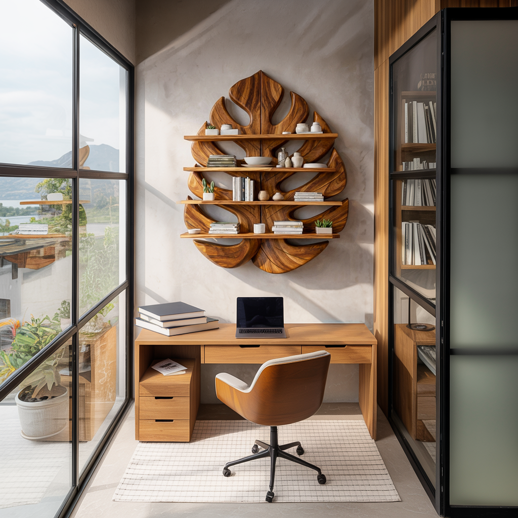 Wooden Leaf Bookshelf For Living Room Plant And Book Display
