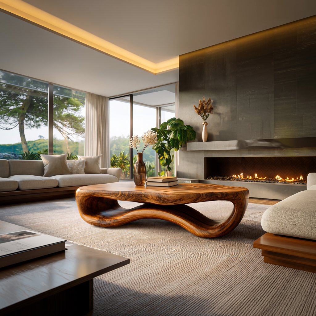 Artistic Wooden Coffee Table Curved For Modern Interior