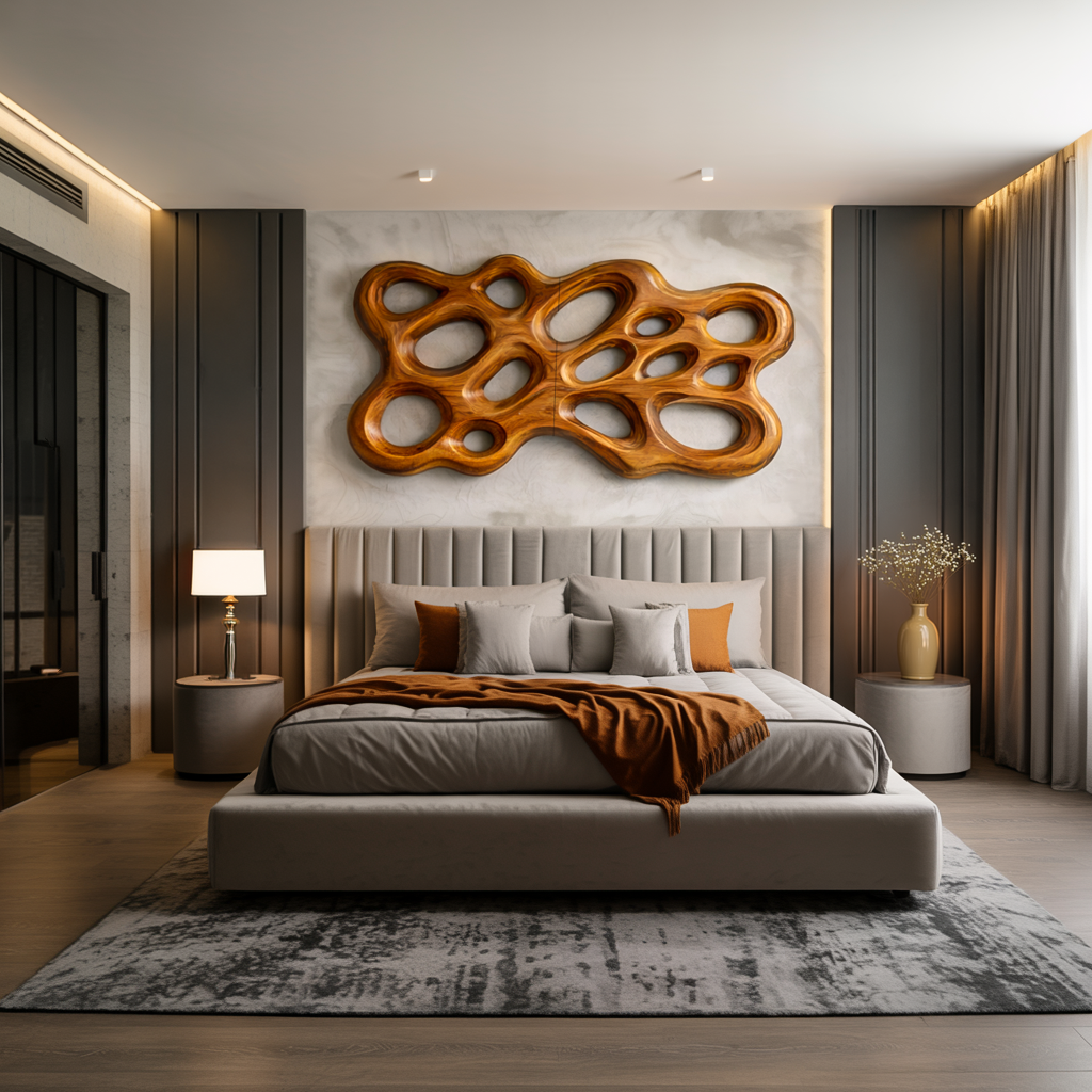 Contemporary Wooden Wall Art With Cutout Sculpture For Bedroom