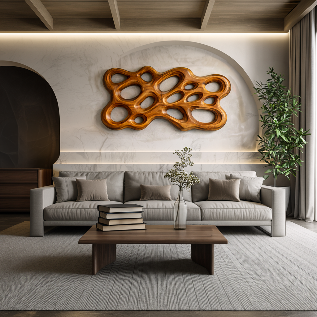 Contemporary Wooden Wall Art With Cutout Sculpture For Bedroom