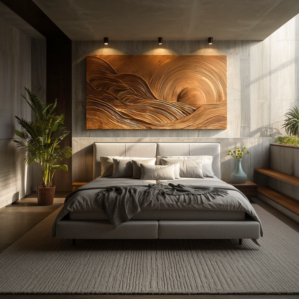 Wooden Mountain Sun Landscape Wall Art For Contemporary Interior