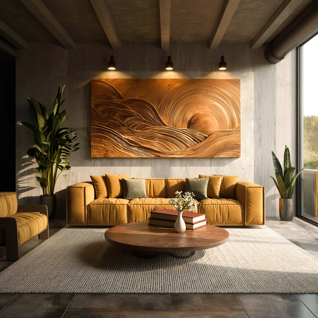 Wooden Mountain Sun Landscape Wall Art For Contemporary Interior