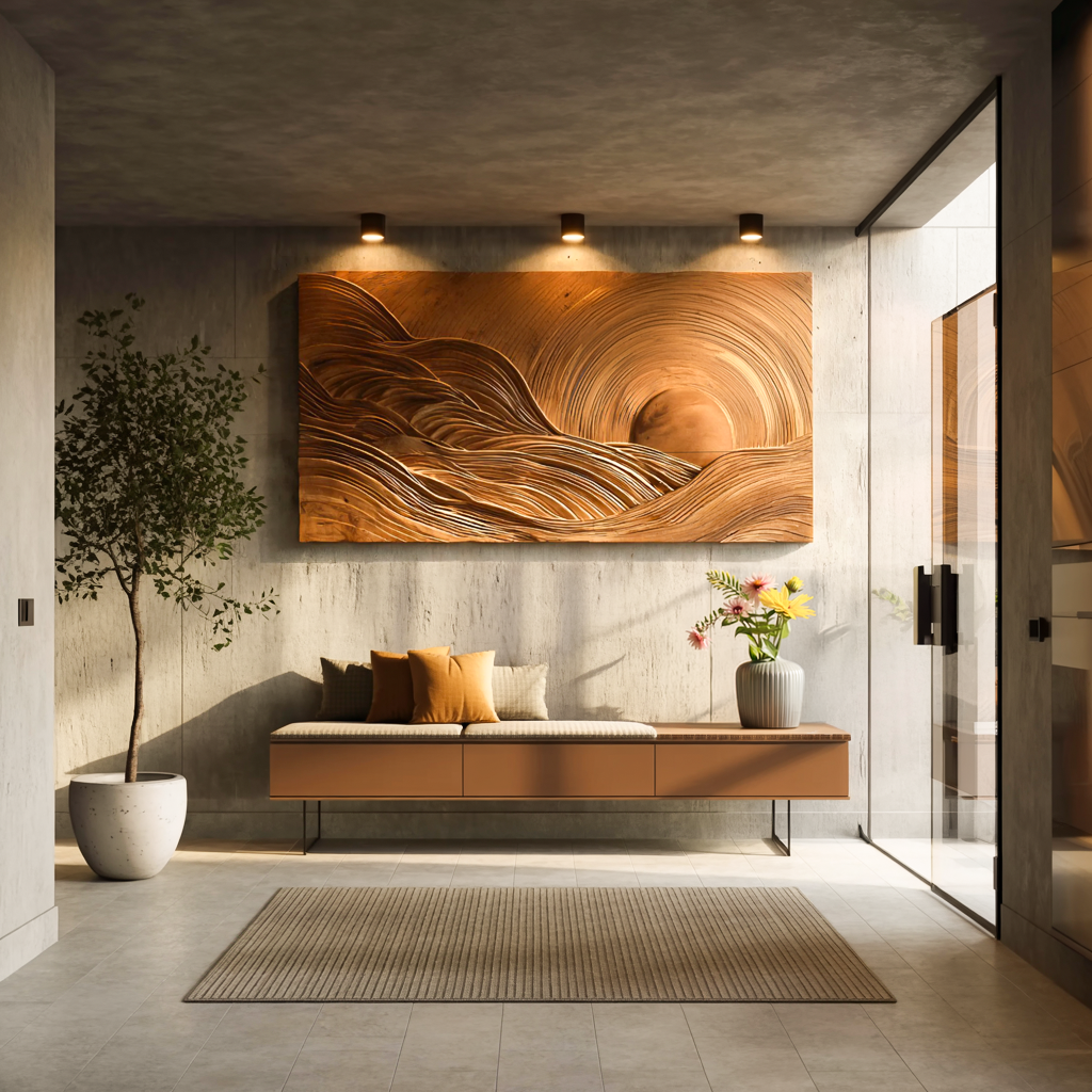 Wooden Mountain Sun Landscape Wall Art For Contemporary Interior