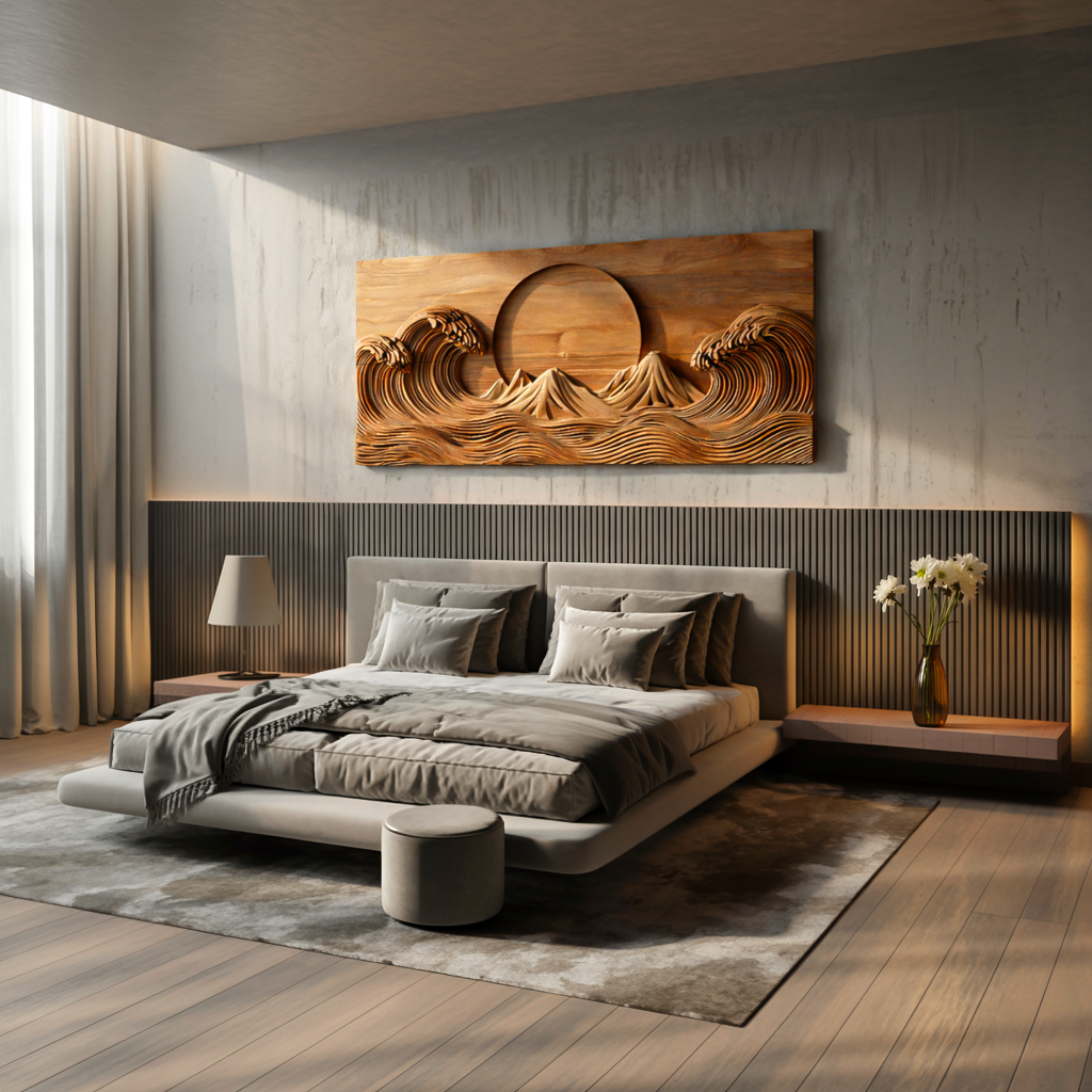 Modern Wooden Ocean Wave Wall Art Hand Carved For Bedroom Decor