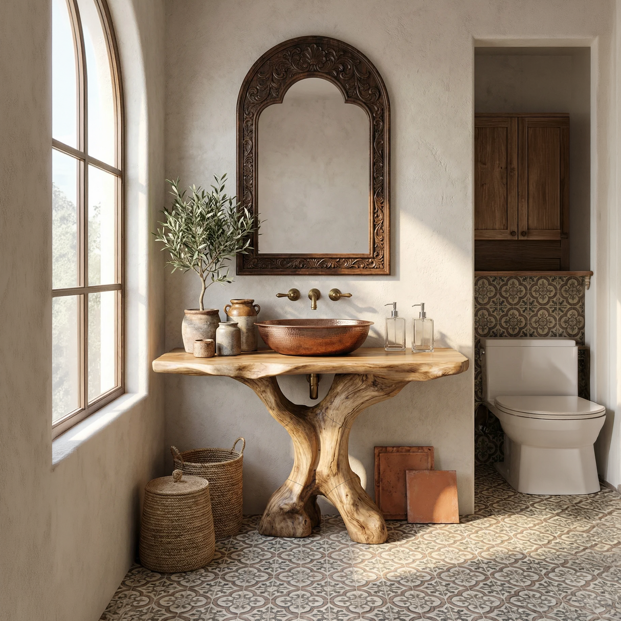 Mid Century Bathroom Vanity Solid Wood Sculptural For Luxury Bathroom