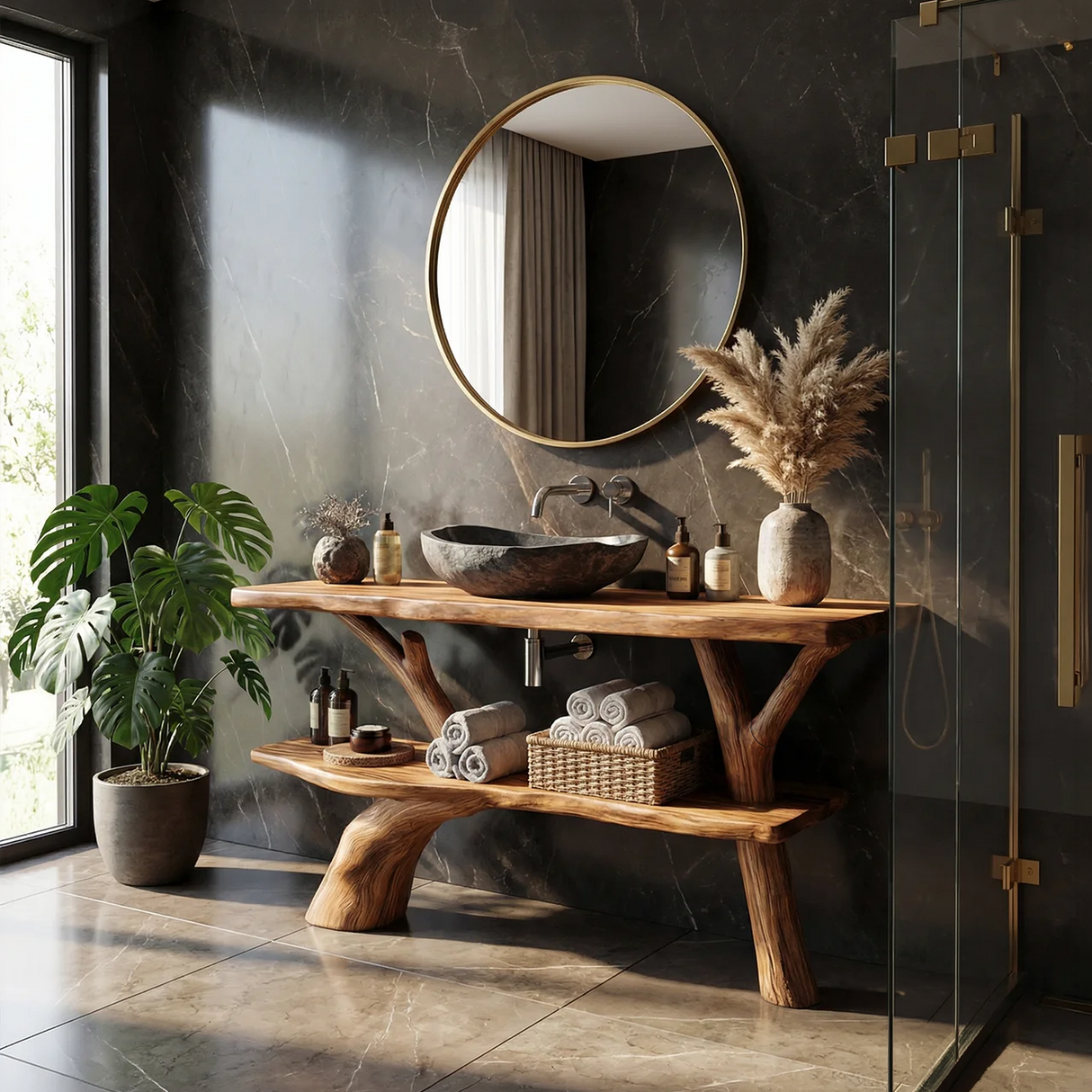 Modern Bathroom Vanity Solid Wood With Open Shelf For Minimal Bath