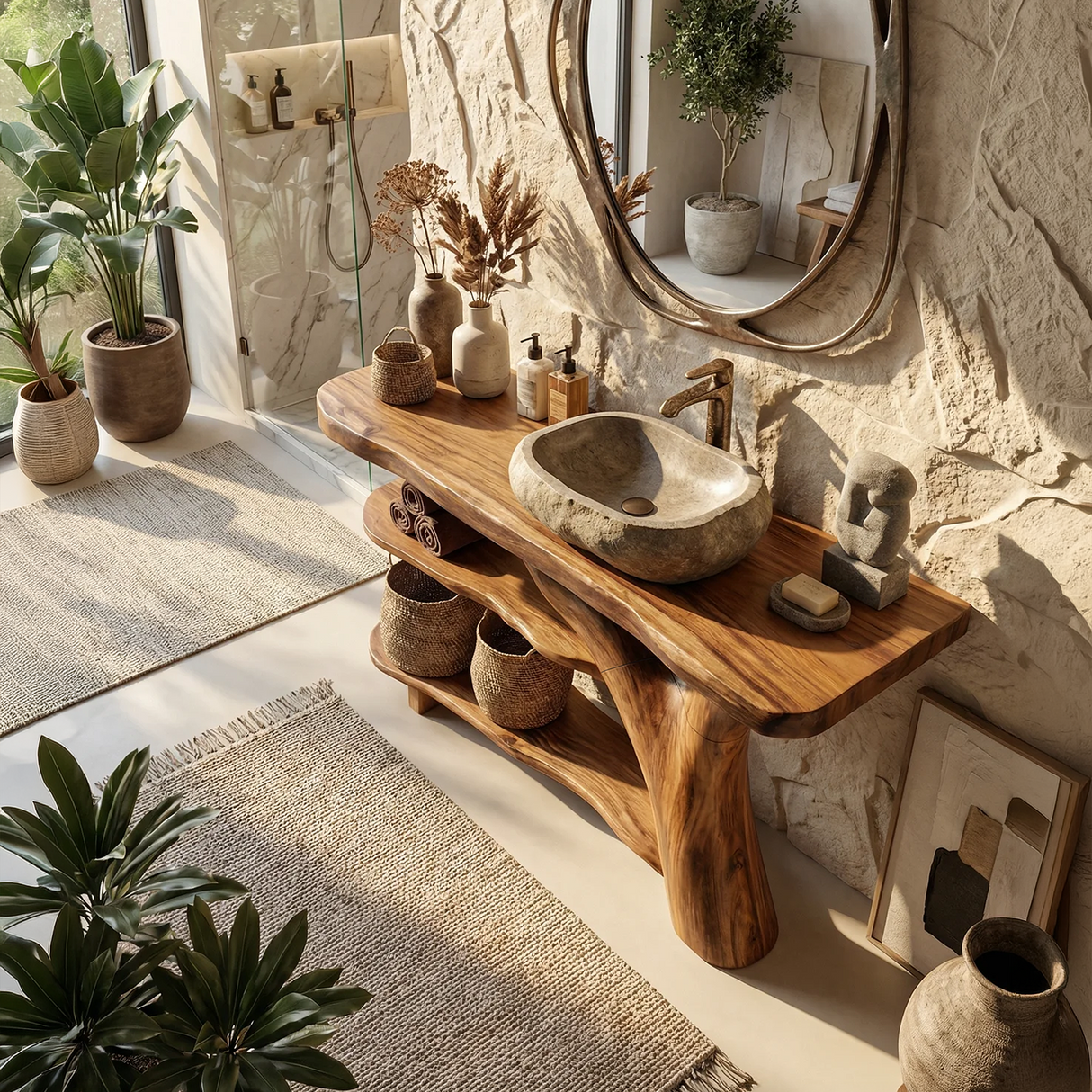 Mid Century Live Edge Bathroom Vanity Handmade Wood For Luxury Bath