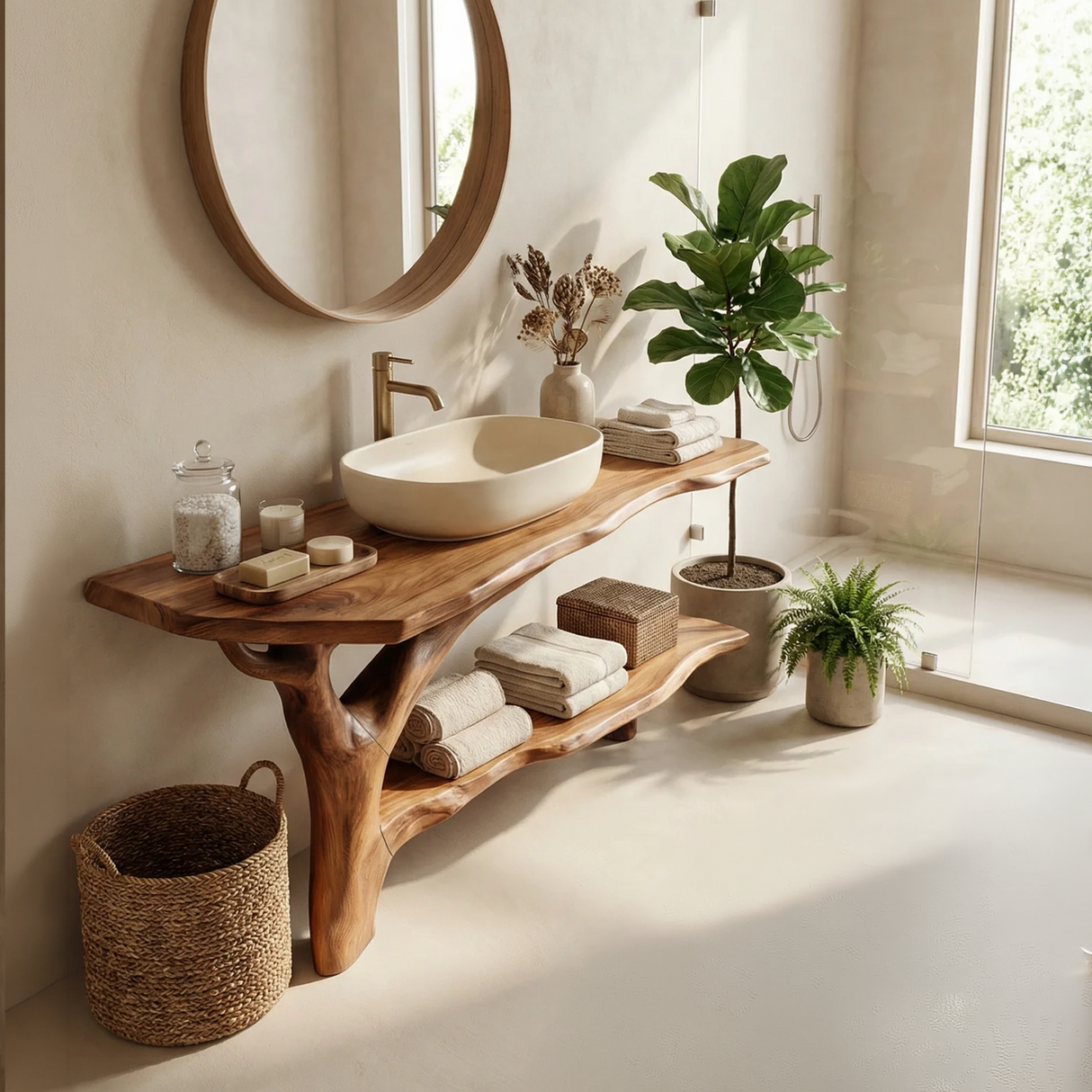 Farmhouse Solid Wood Bathroom Vanity Live Edge For Natural Bathroom