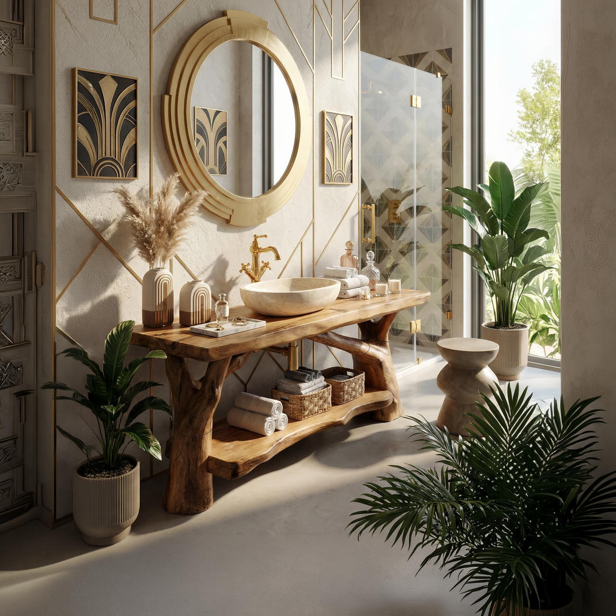 Handcrafted Solid Wood Bathroom Vanity Sculptural Design For Spa Bath