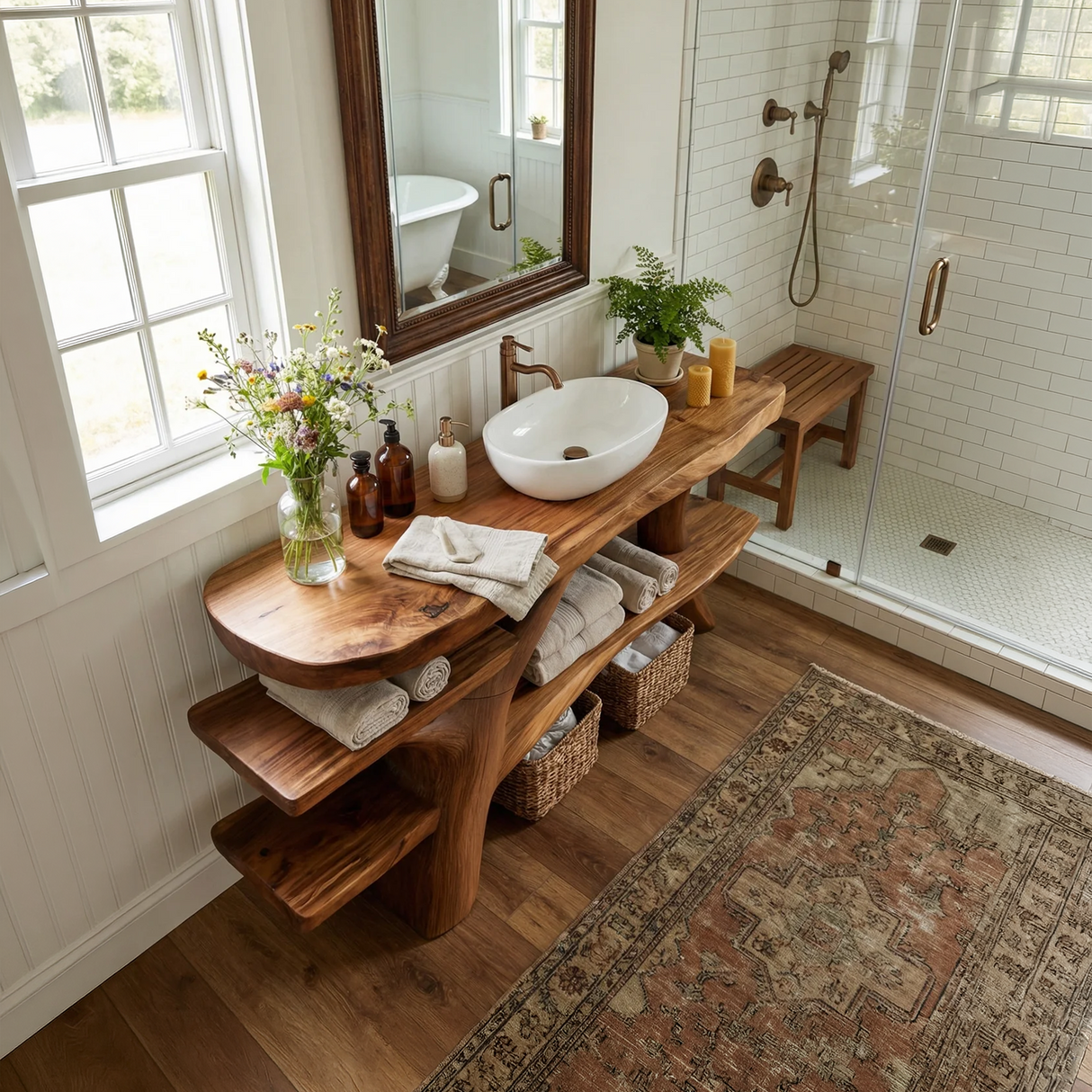 Handcrafted Bathroom Vanity Solid Wood With Shelf For Modern Bath