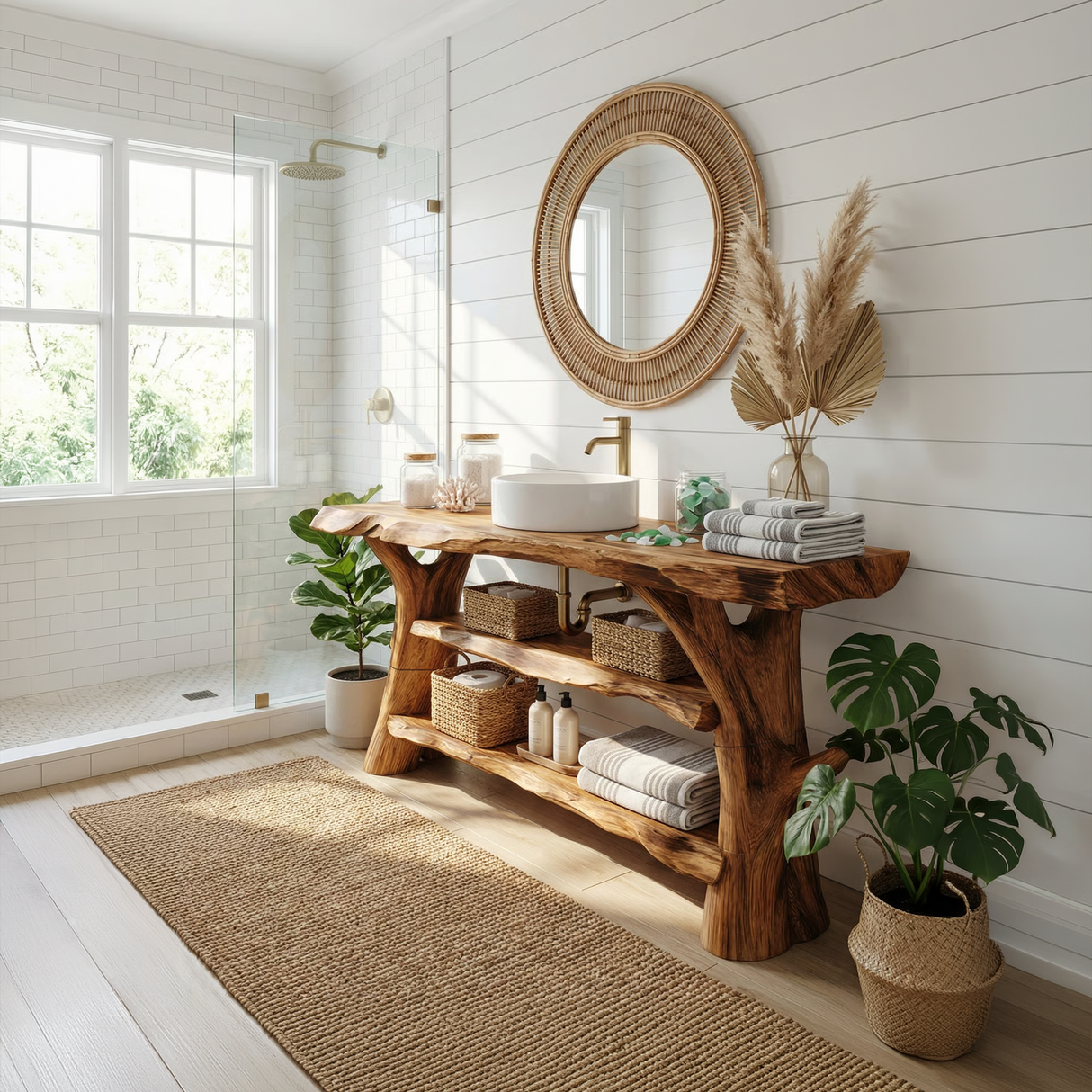 Mid Century Solid Wood Bathroom Vanity Sculptural Live Edge For Bath