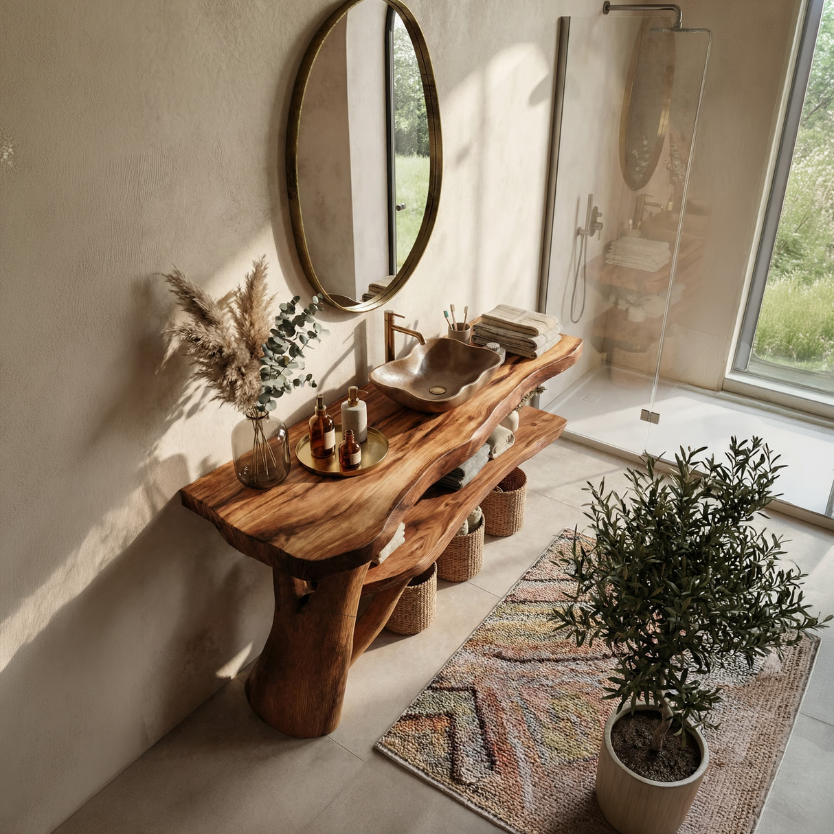 Mid Century Solid Wood Bathroom Vanity Handmade Live Edge For Bathroom