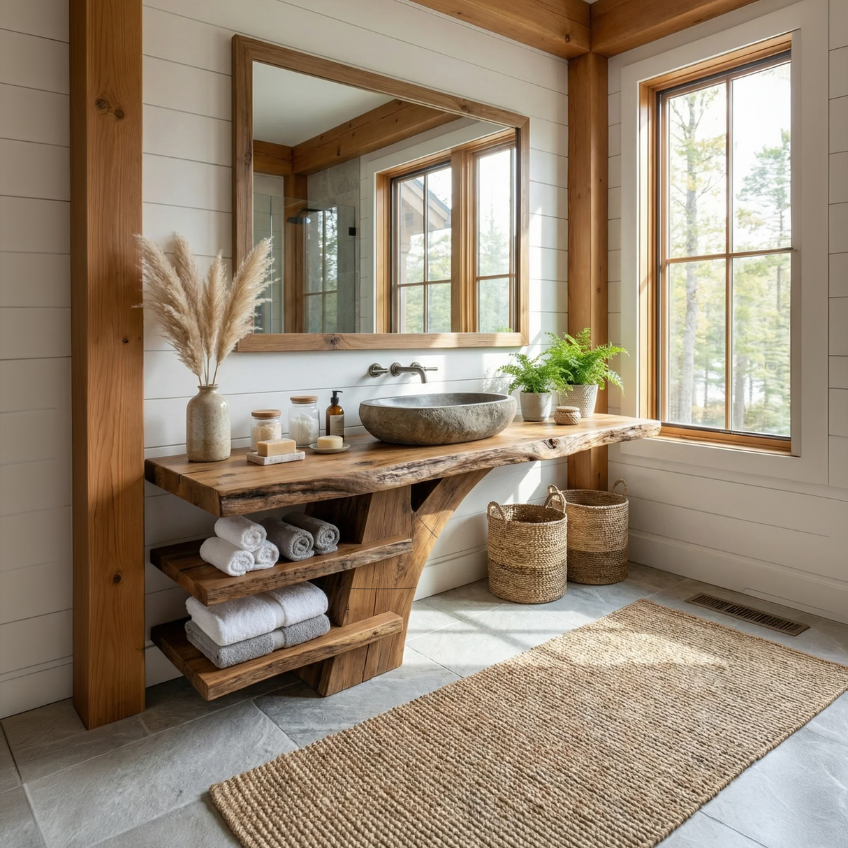Handcrafted Live Edge Bathroom Vanity With Storage Shelf For Spa Bath