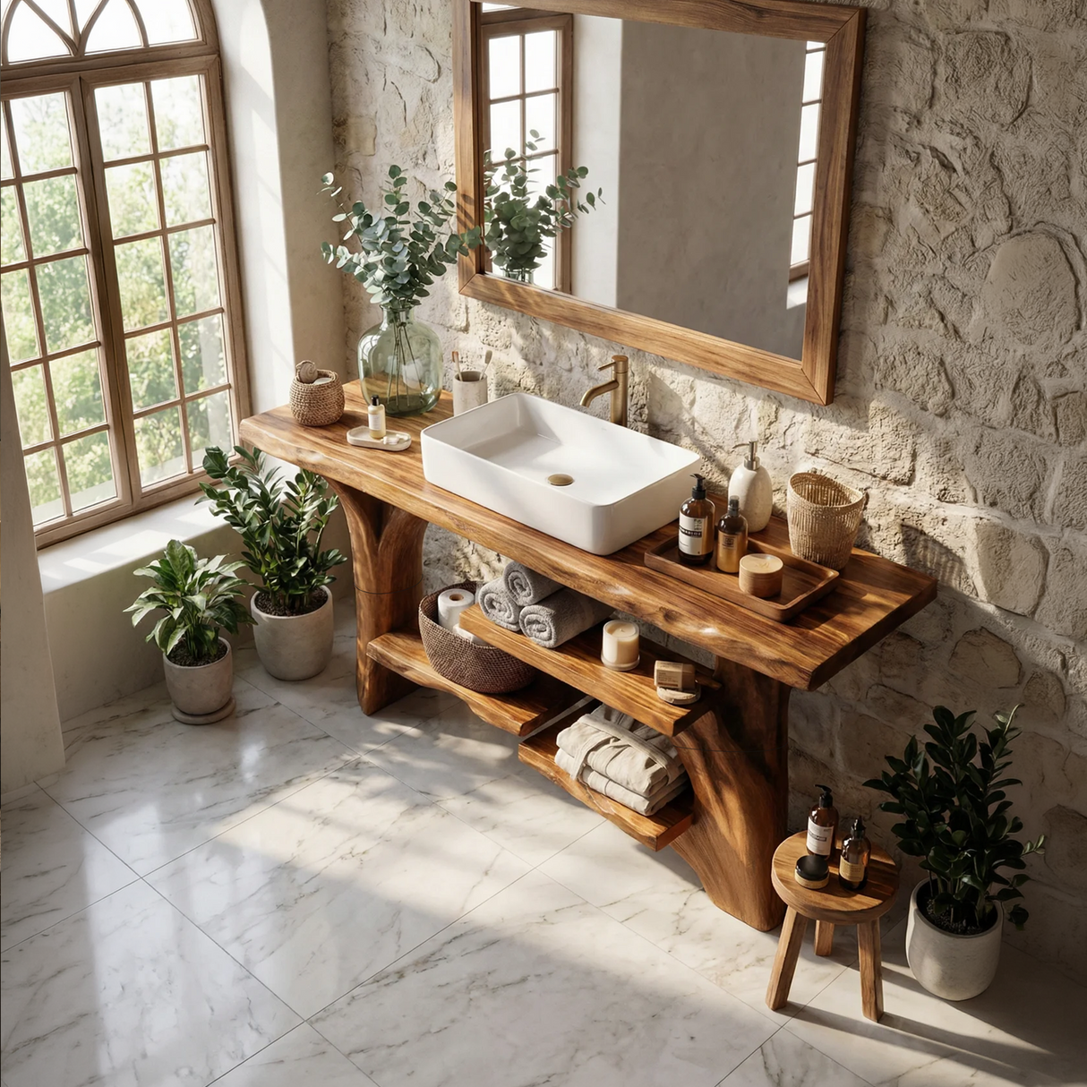 Handcrafted Solid Wood Bathroom Vanity Organic Live Edge For Spa Bathroom