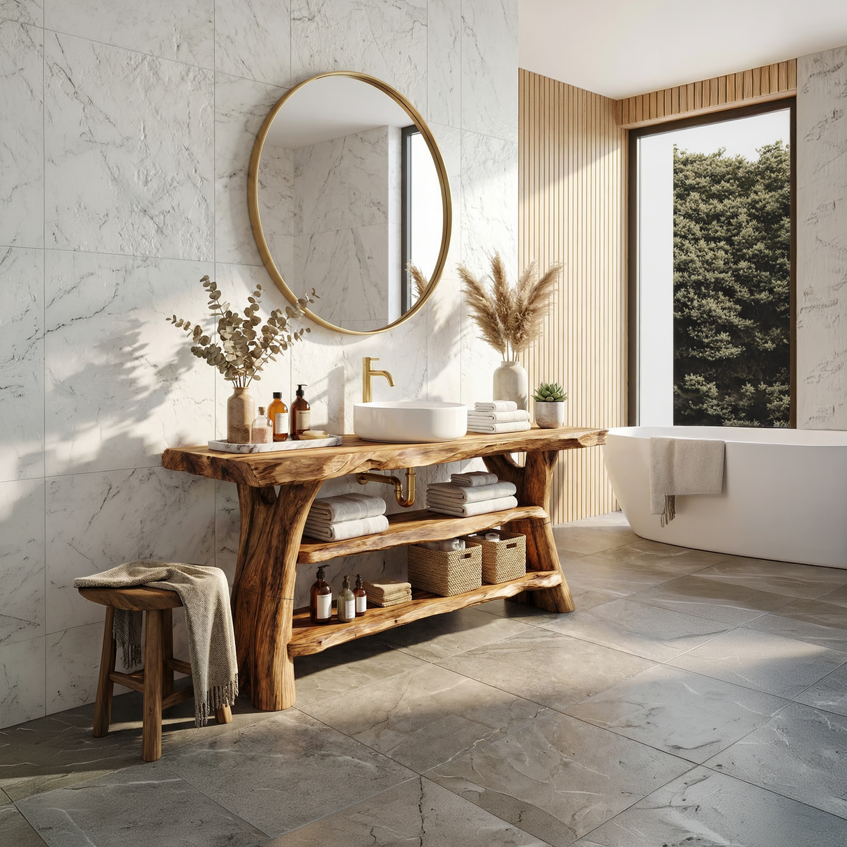 Mid Century Solid Wood Bathroom Vanity Sculptural Live Edge For Bath