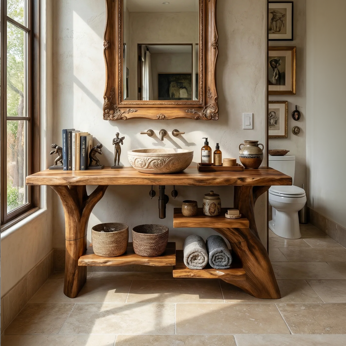 Handcrafted Solid Wood Bathroom Vanity Organic Live Edge For Spa Bathroom