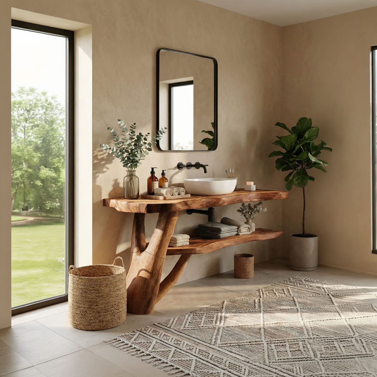 Mid Century Solid Wood Bathroom Vanity Handmade Live Edge For Bathroom