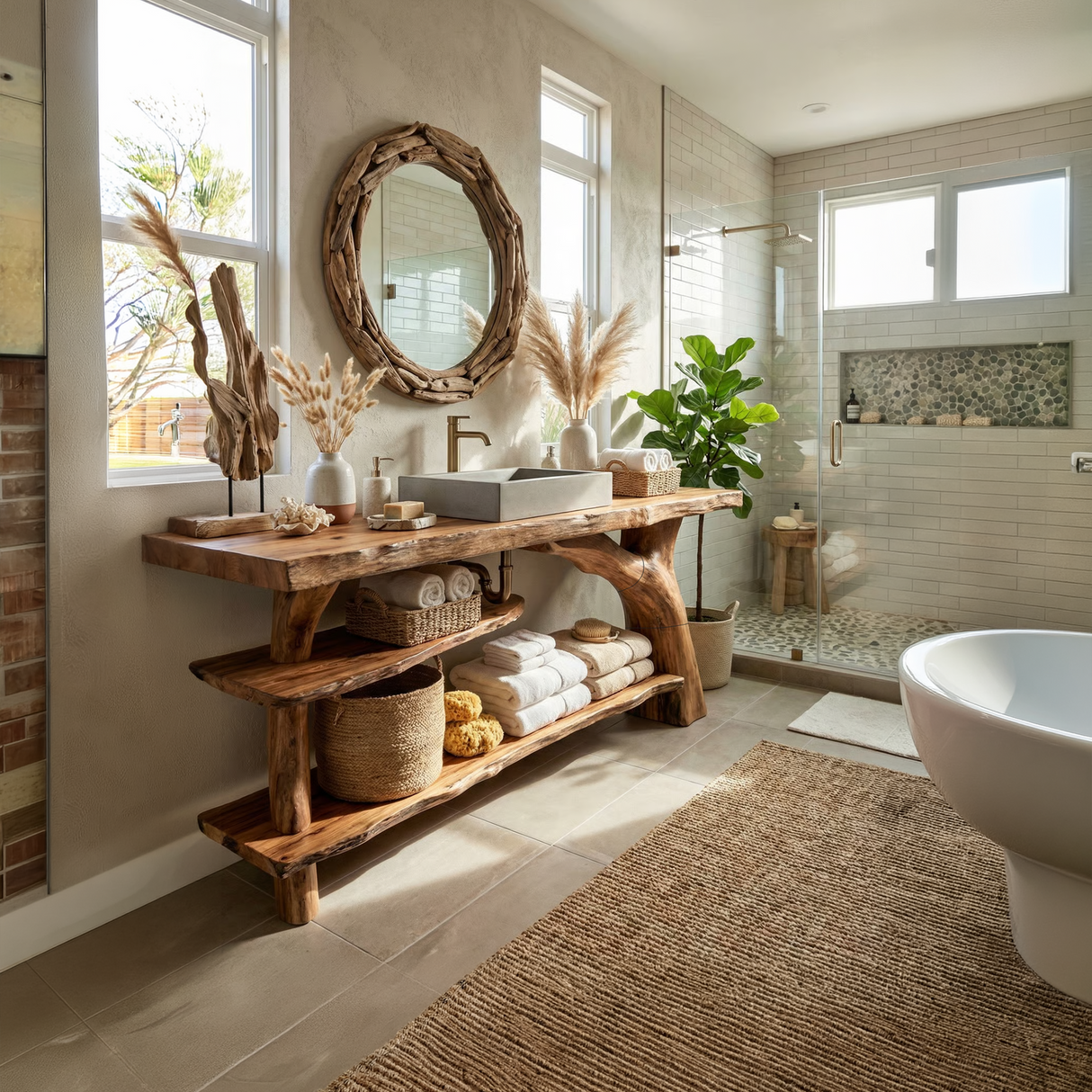 Mid Century Live Edge Bathroom Vanity Organic Wood For Luxury Spa Bath