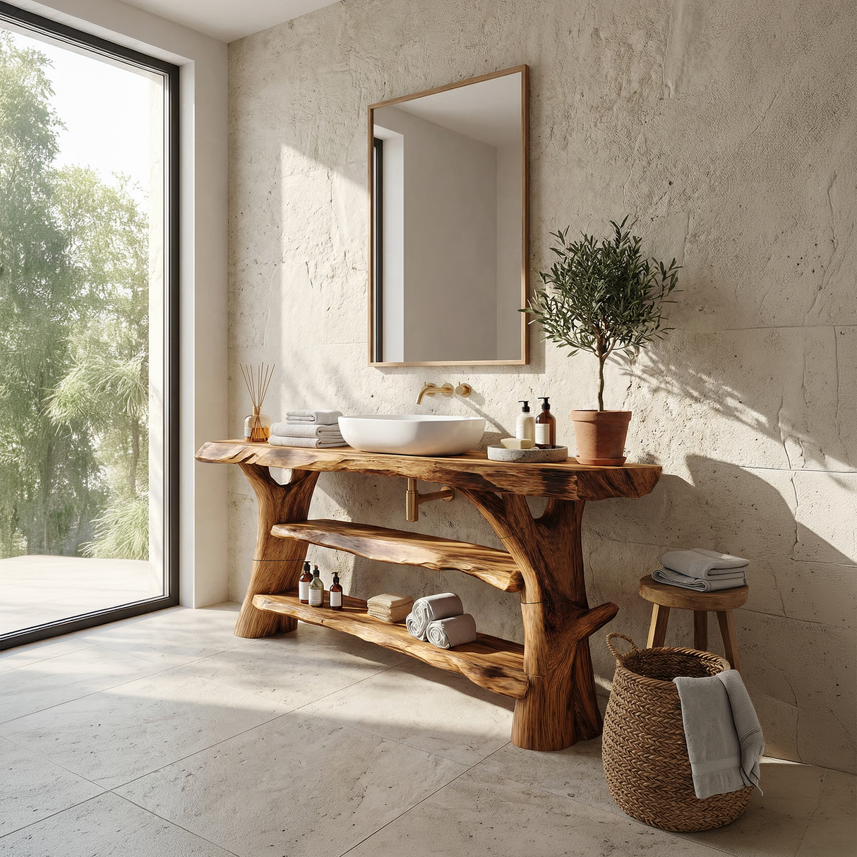 Mid Century Solid Wood Bathroom Vanity Sculptural Live Edge For Bath