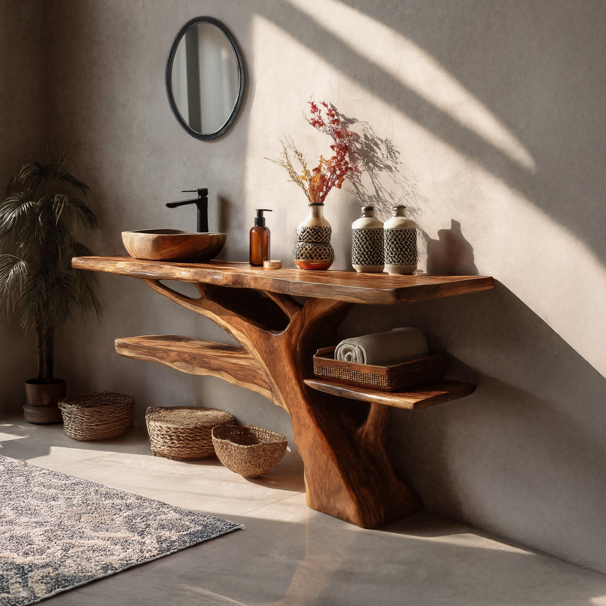 Mid Century Solid Wood Bathroom Vanity Sculptural Live Edge For Bathroom