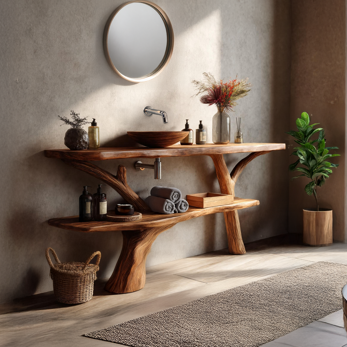 Modern Bathroom Vanity Solid Wood With Open Shelf For Minimal Bath