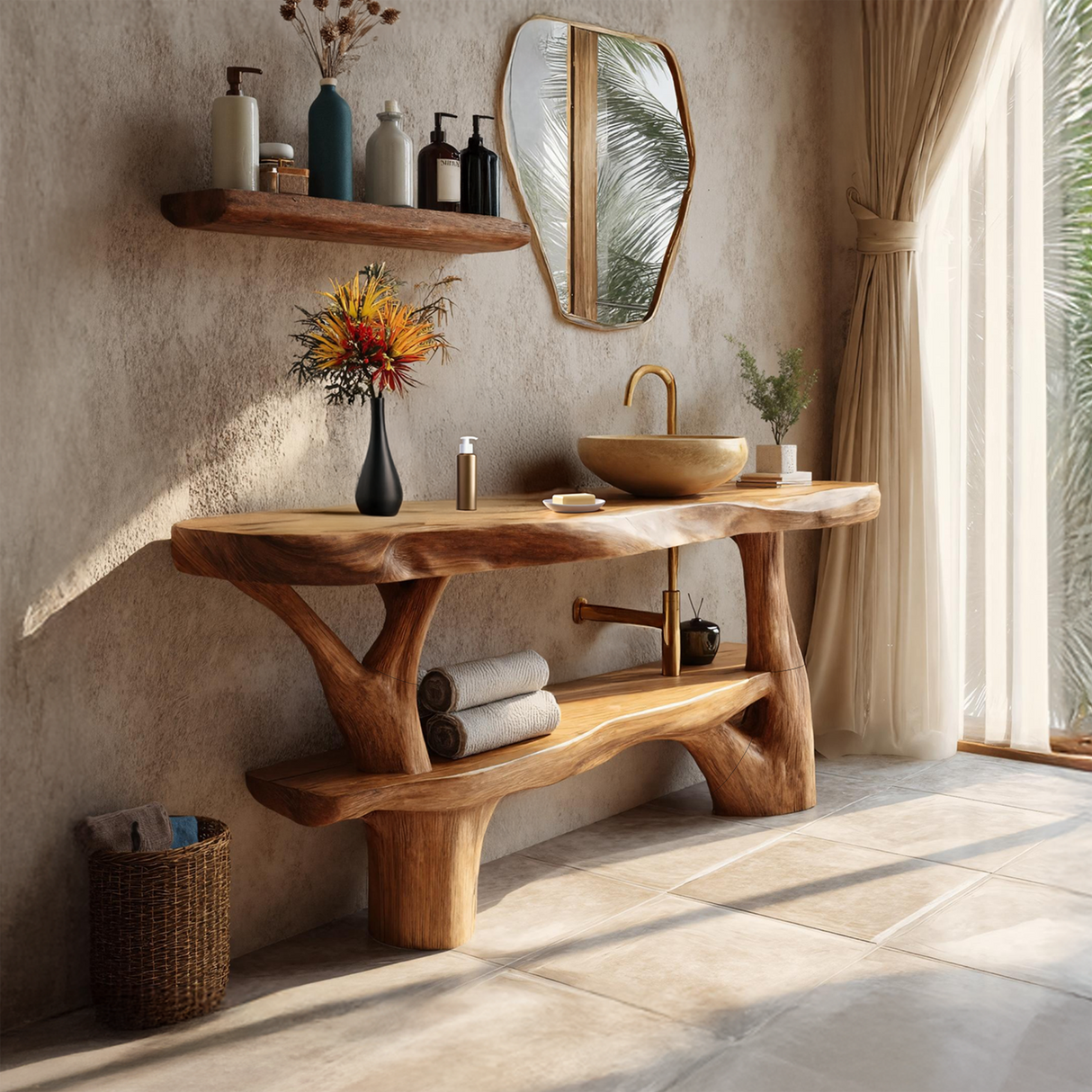 Handcrafted Live Edge Bathroom Vanity Organic Wood For Spa Bathroom