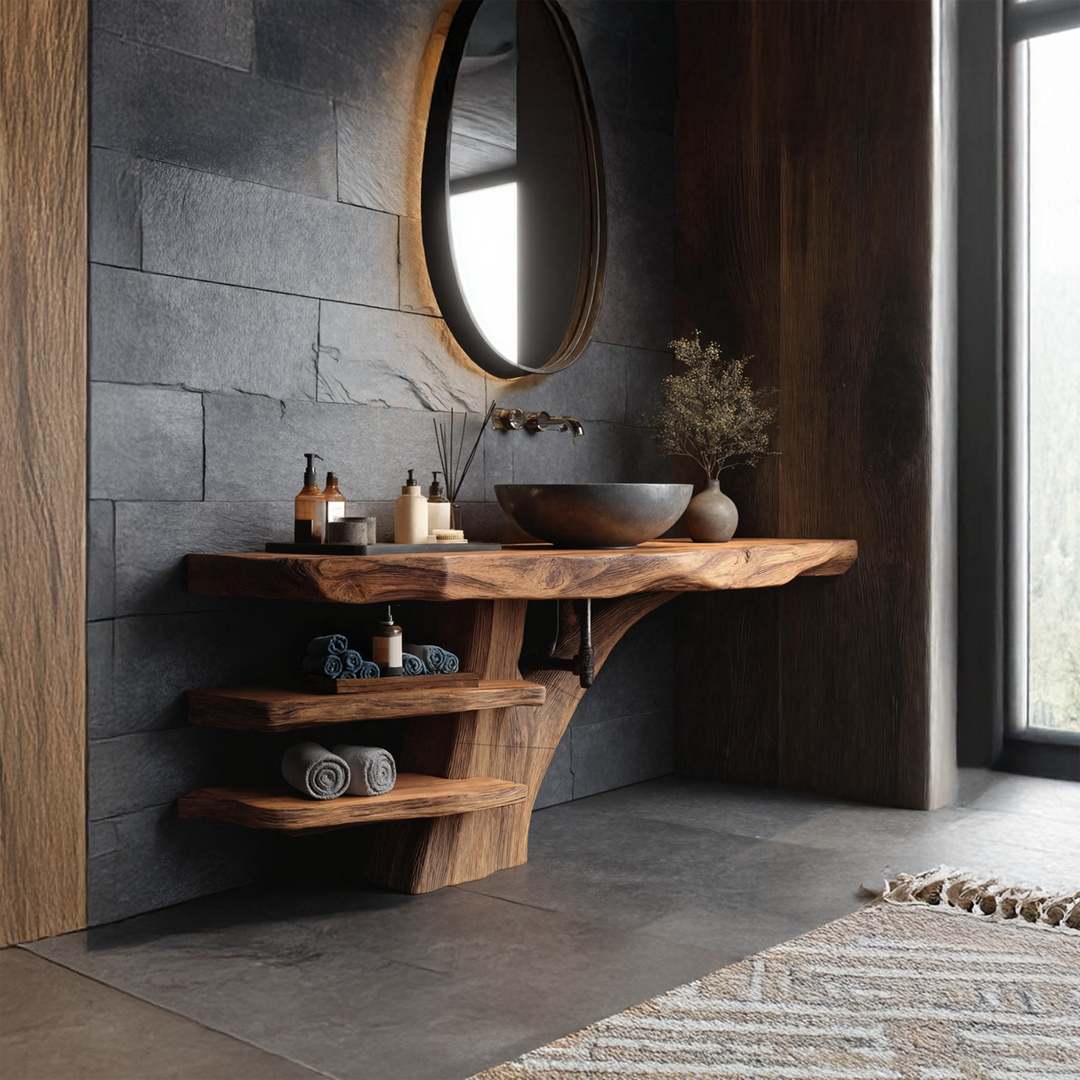 Handcrafted Live Edge Bathroom Vanity With Storage Shelf For Spa Bath