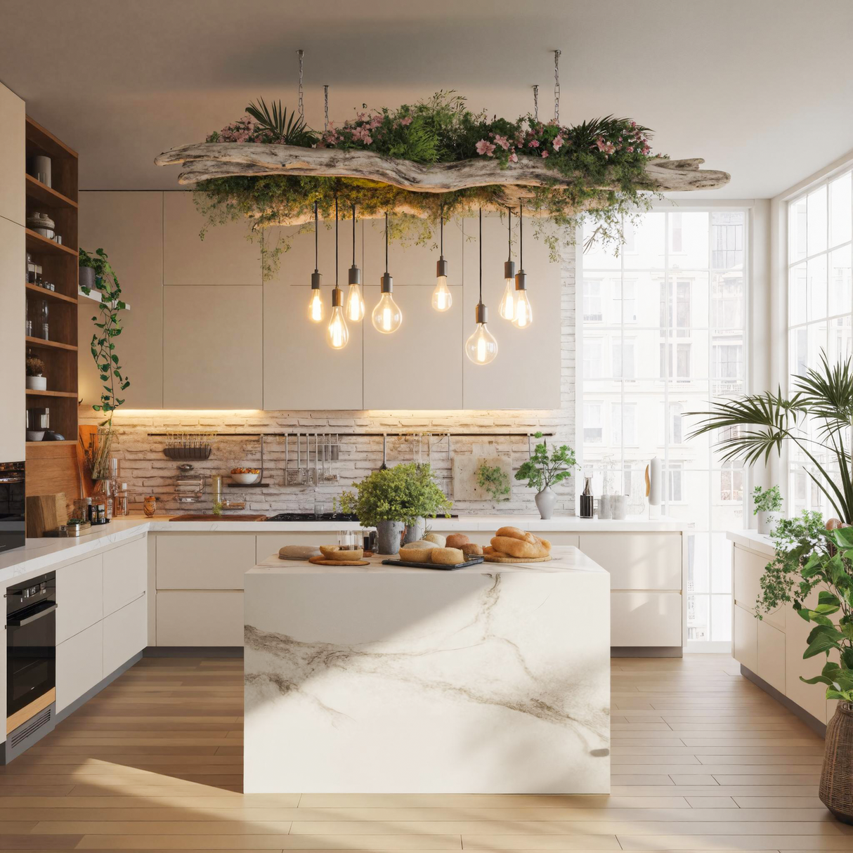 Rustic Driftwood Ceiling Light With Hanging Bulbs For Dining Room