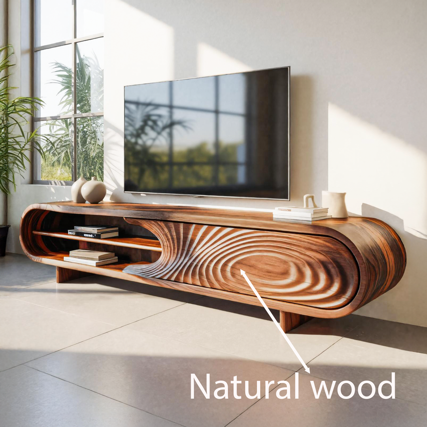 Modern Sculptural Wood TV Stand With Carved Door For Living Room