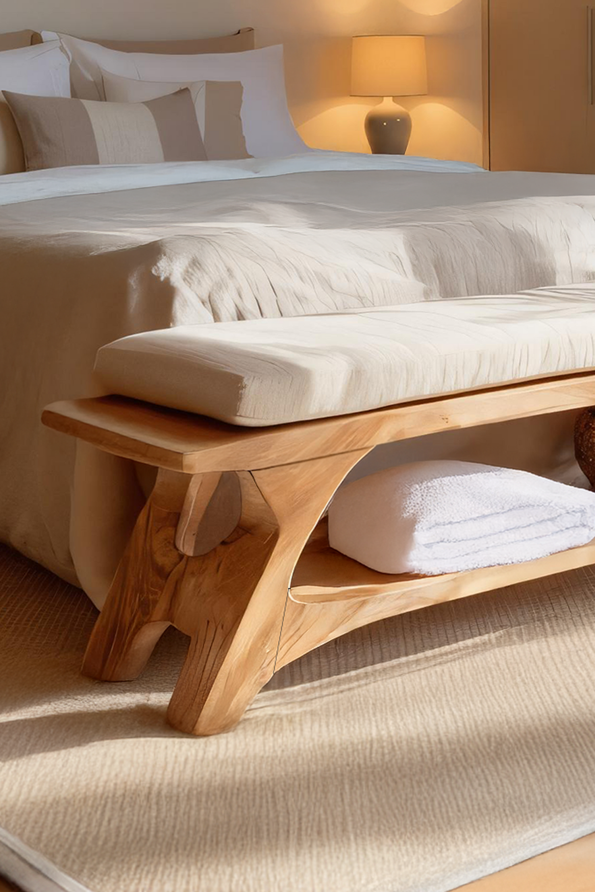 Modern Sculpted Wood Bench For Bedroom Interior Styling