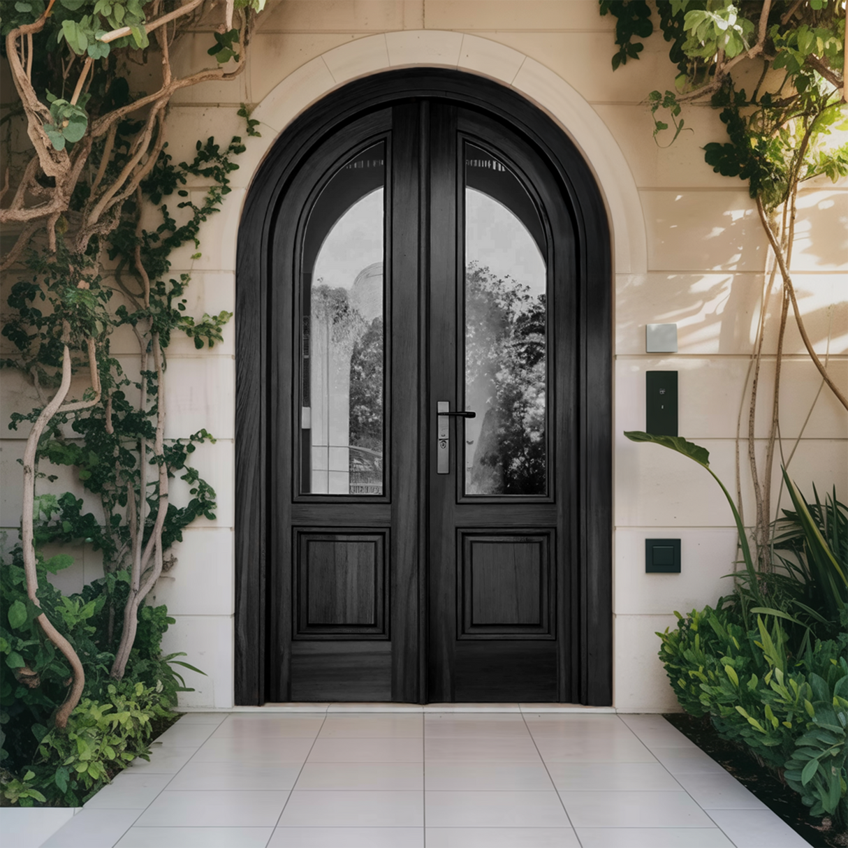 Arched Double Entry Door With Glass Panels For Mediterranean And Spanish Homes
