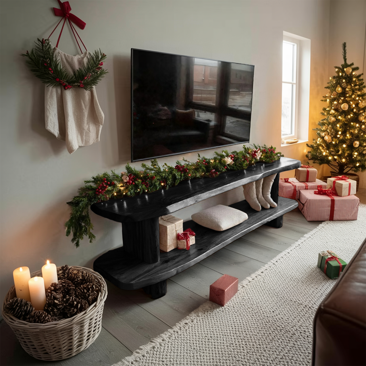 Handcrafted Live Edge Wooden TV Console For Holiday Bedroom Decor