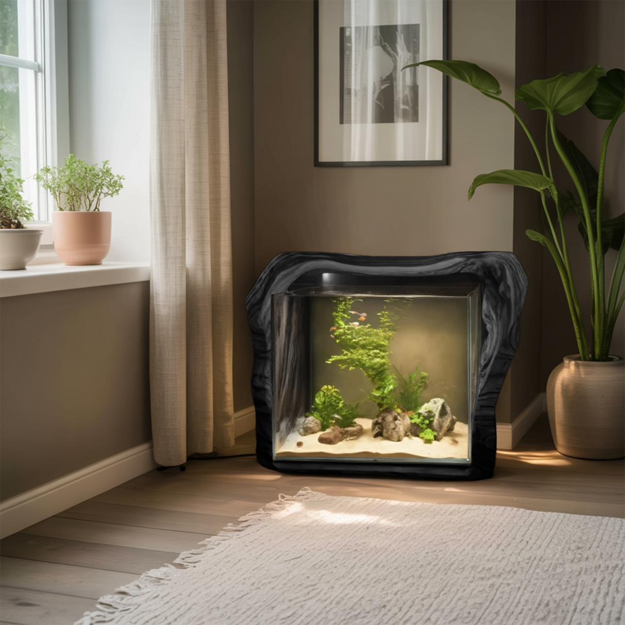 Rustic Live Edge Aquarium Stand With Glass Tank For Bedroom And Living Room