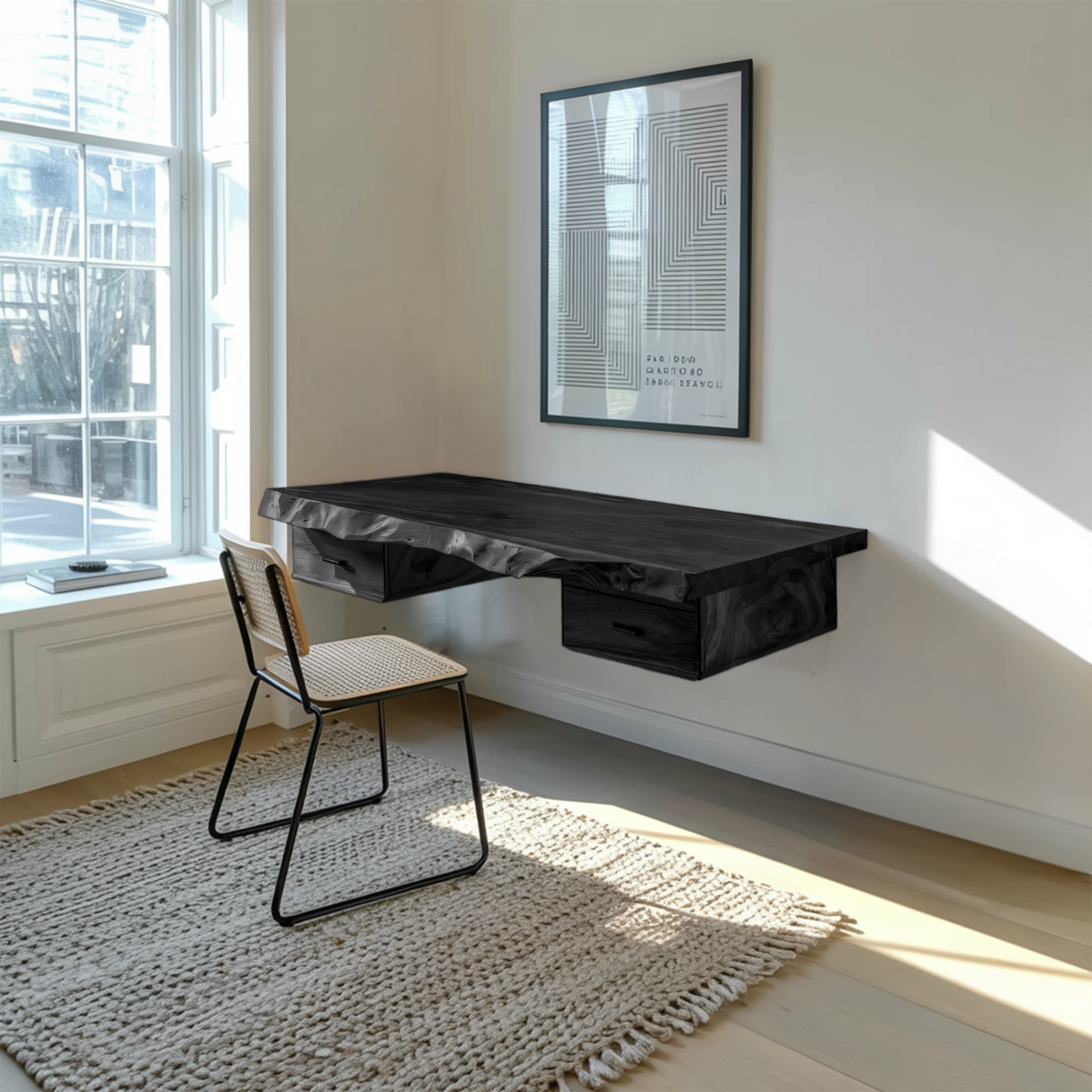 Floating Live Edge Desk With 2 Drawers For Home Office