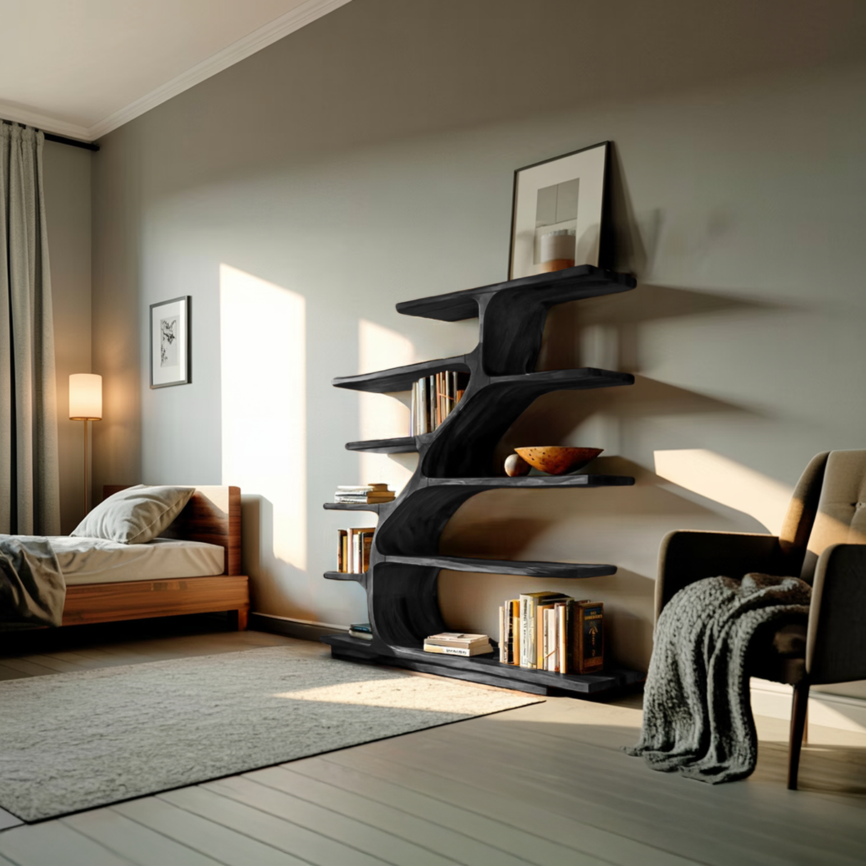 Organic Modern Bookshelf With Flowing Curves For Home Decor