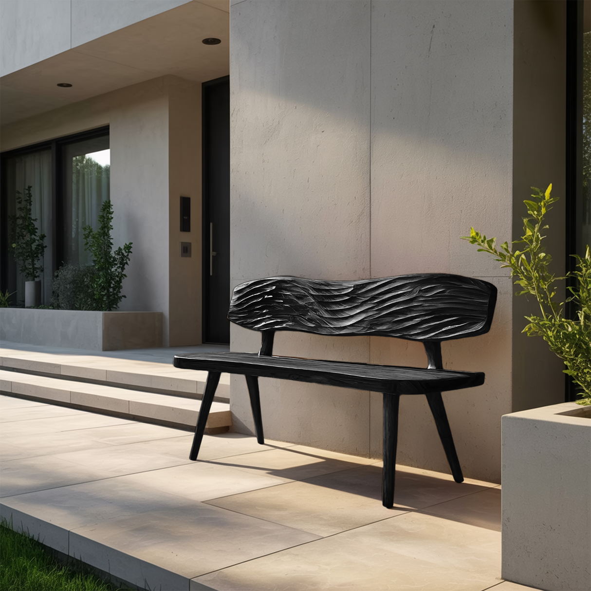 Outdoor Wooden Bench With Wave Carved Backrest For Garden