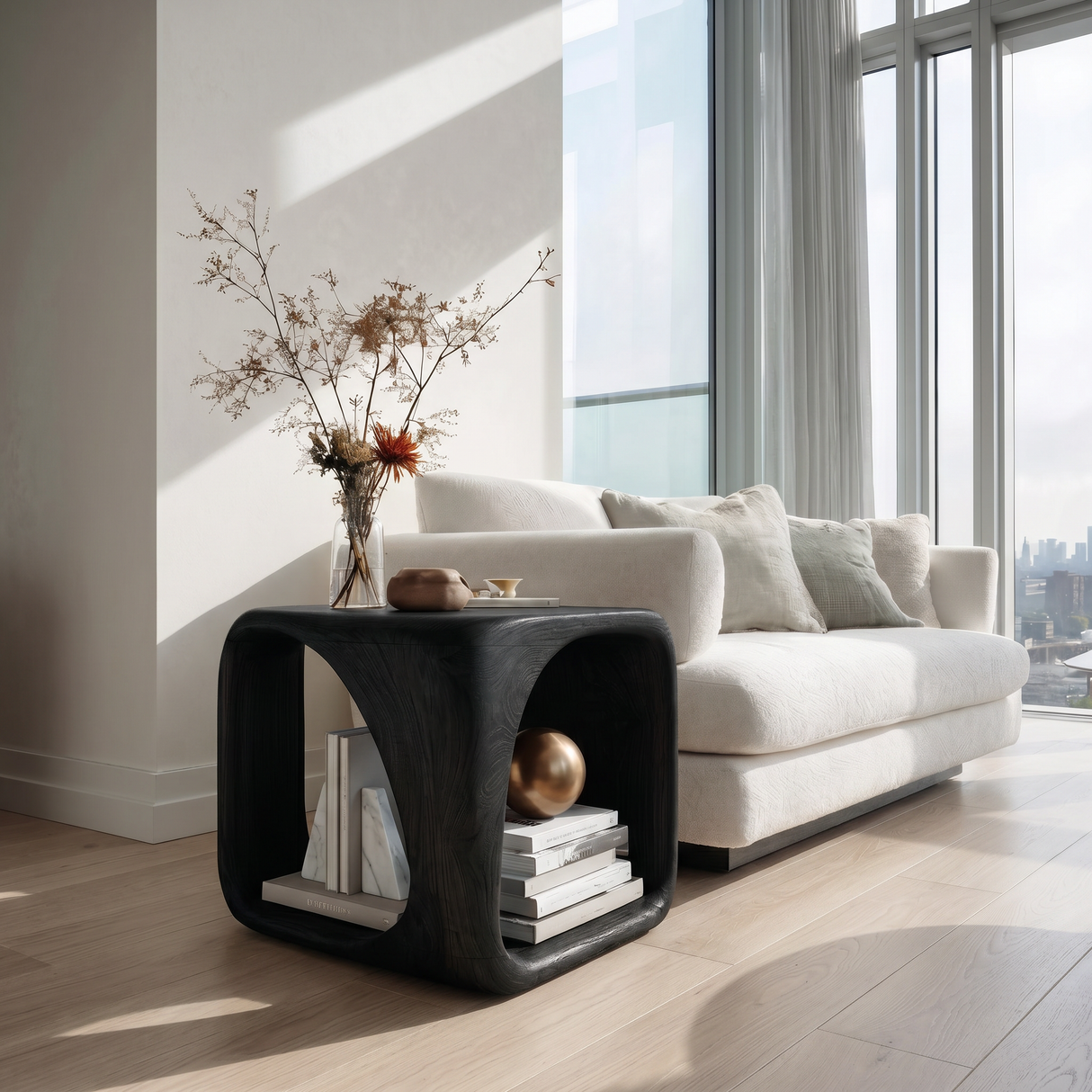 Modern Wooden Side Table With Sculptural Hollow Form For Living Room
