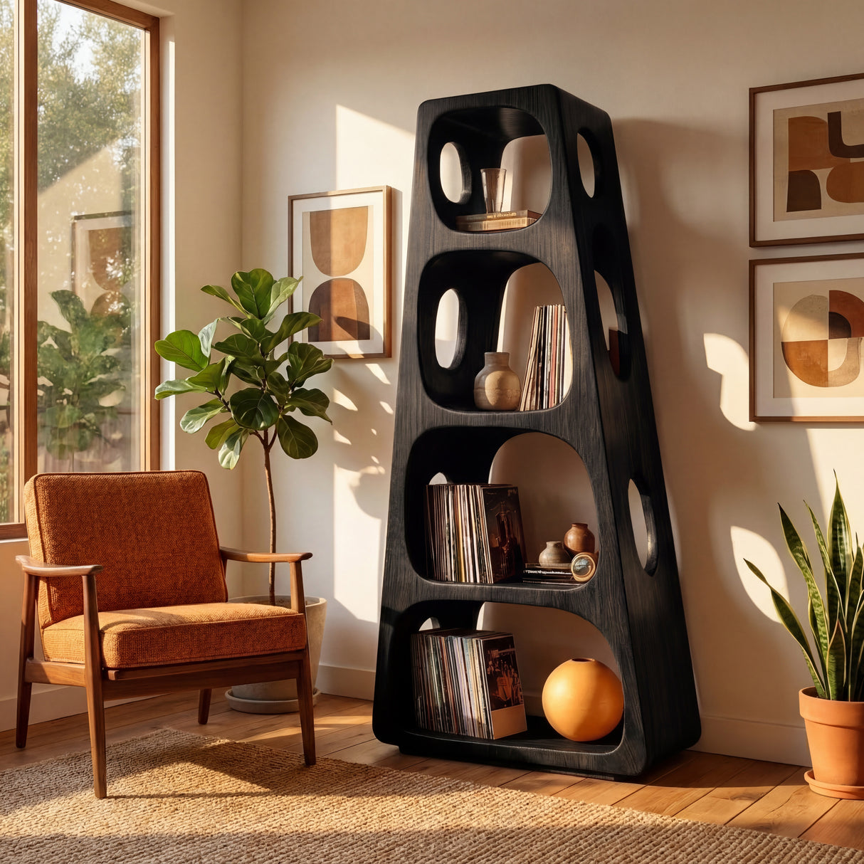 Mid Century Wooden Standing Shelf For Living Room