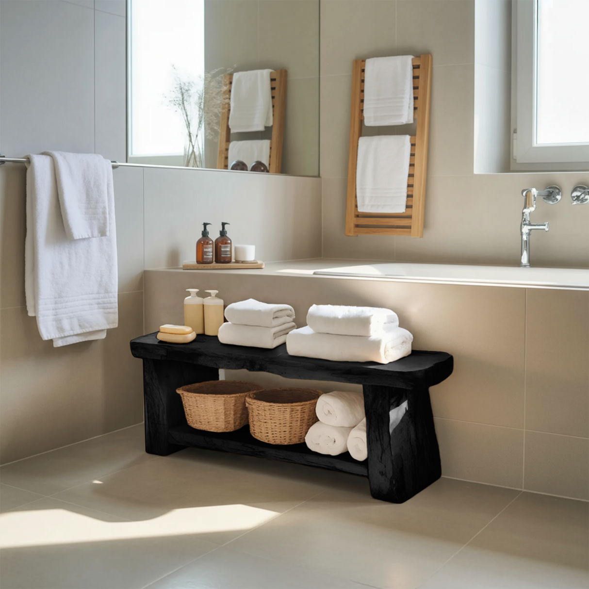 Modern Spa Shower Bench With Storage Shelf For Bathroom
