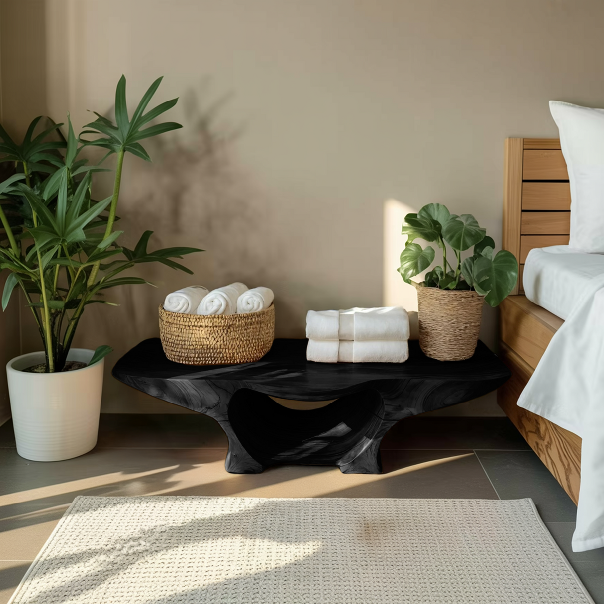 Organic Shower Bench With Curves And Storage Space For Bathroom
