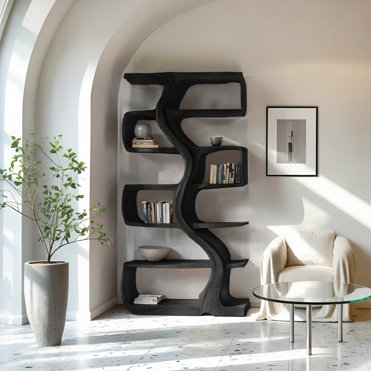 Organic Sculptural Bookshelf With Wavy Design For Living Room