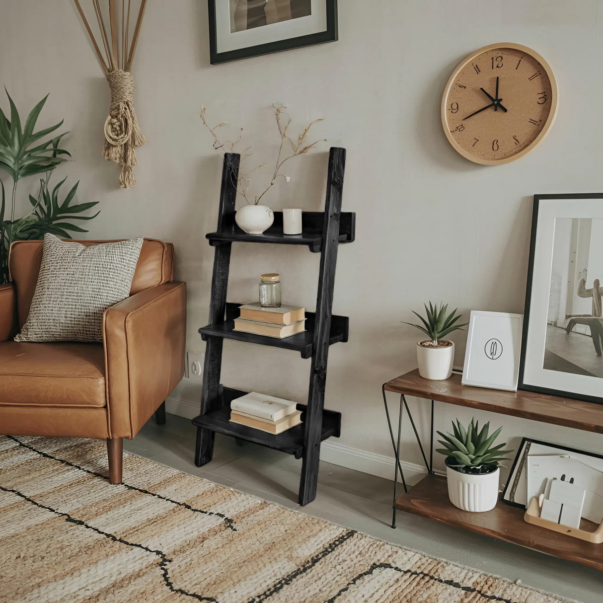 Rustic Ladder Shelf With Tiered Display For Bedroom And Living Room
