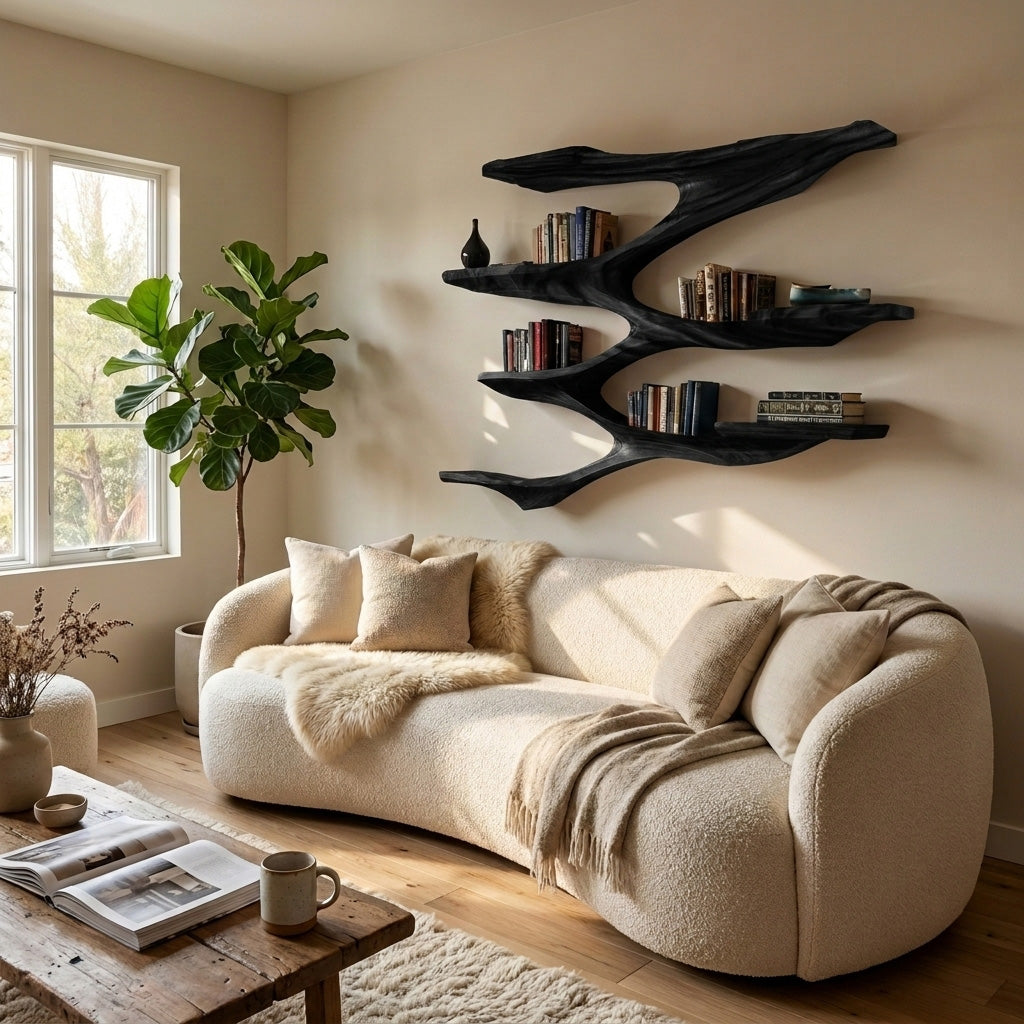 Mid Century Wooden Wall Shelf For Living Room Space